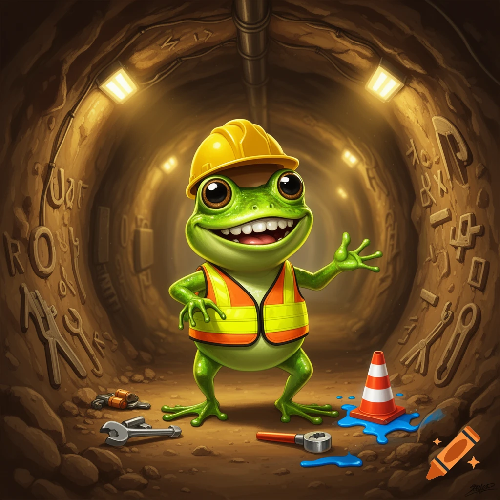 A cartoon frog wearing a yellow hard hat and an orange safety vest, smiling and waving in a dimly lit underground tunnel, surrounded by construction tools.