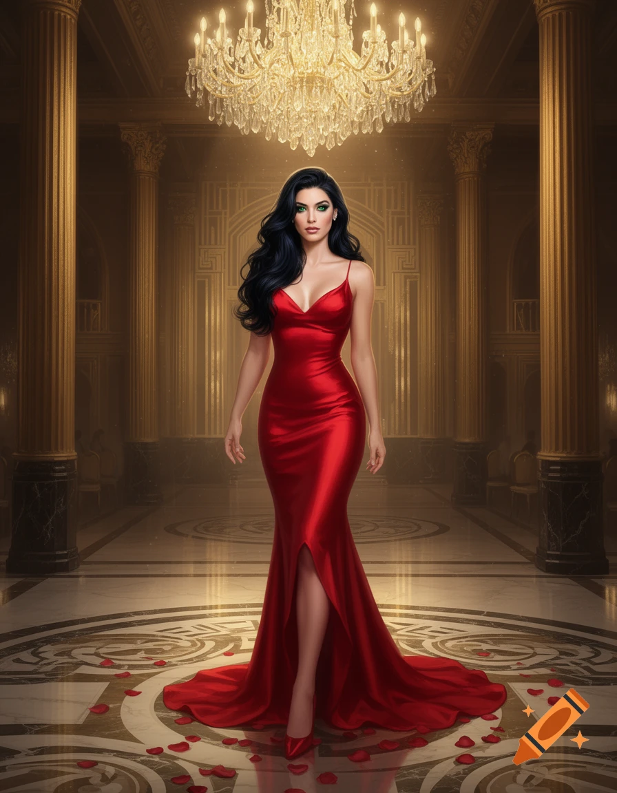 An elegant woman in a shimmering red gown stands in a luxurious golden hall under a grand chandelier, with scattered rose petals on the marble floor.