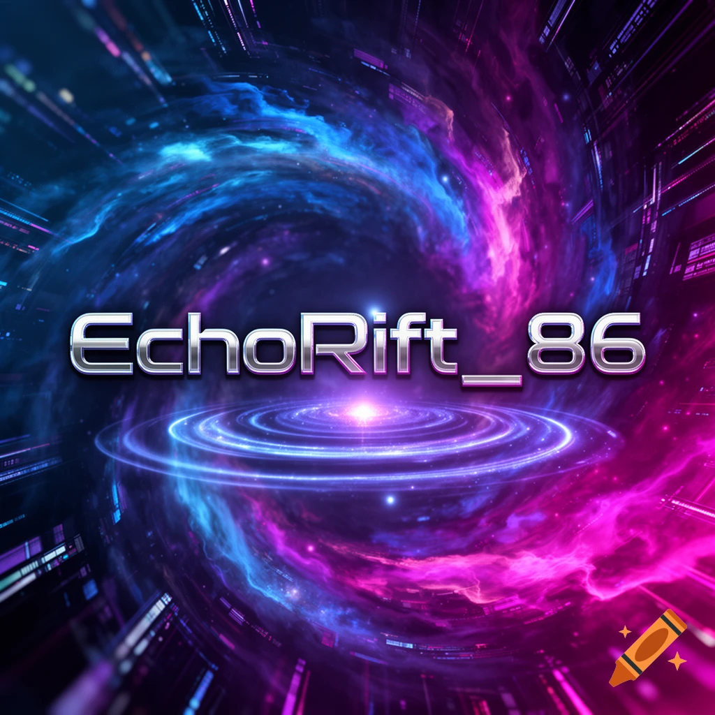 Metallic 'EchoRift_86' text centered on a swirling blue and purple galaxy with glowing energy rings.