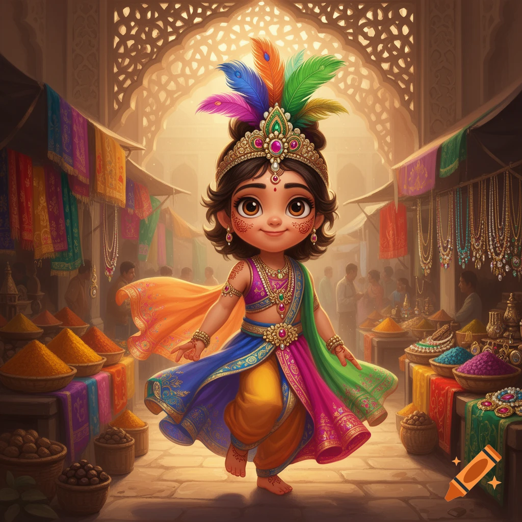 A cute, cartoon-style Indian child in colorful traditional attire with peacock feathers, smiling in a bustling marketplace.