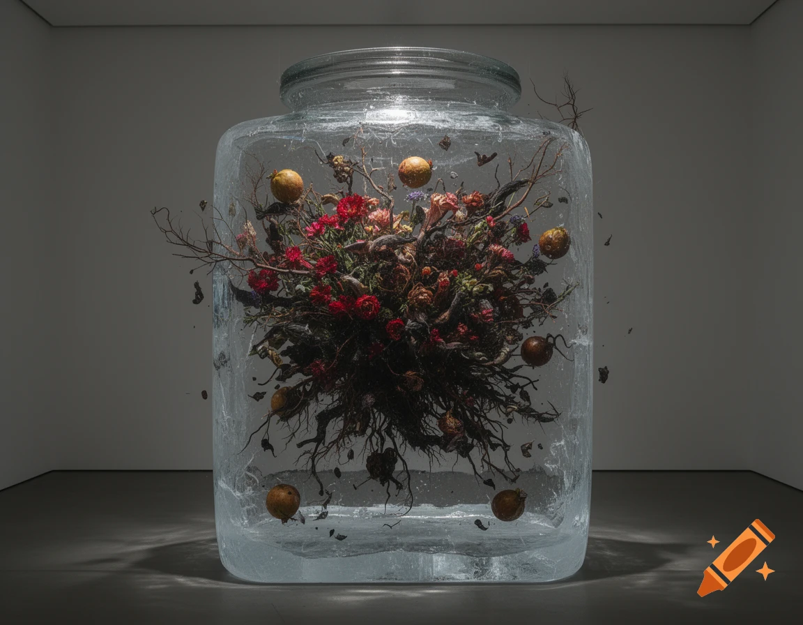 A dramatic still life of a chaotic floral explosion with red flowers, roots, branches, and fruits suspended inside a large glass jar, against a dark background.