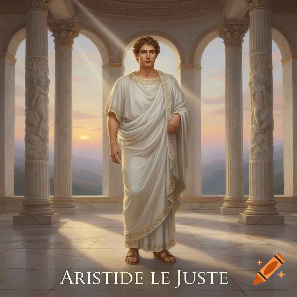 A man in a white toga stands in a classical temple with columns, light rays at sunset. Text: ARISTIDE LE JUSTE.
