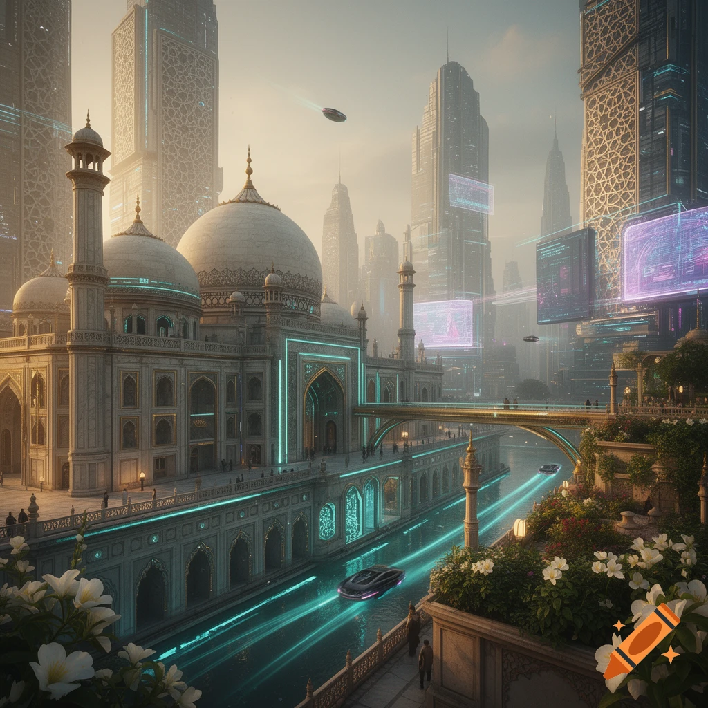 A futuristic cityscape with a mosque-like building illuminated by neon ...