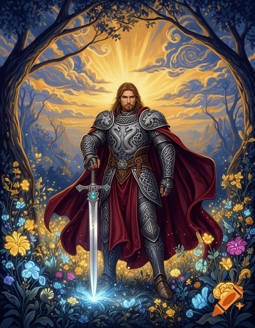 A male warrior in ornate armor and a red cape stands with a glowing ...