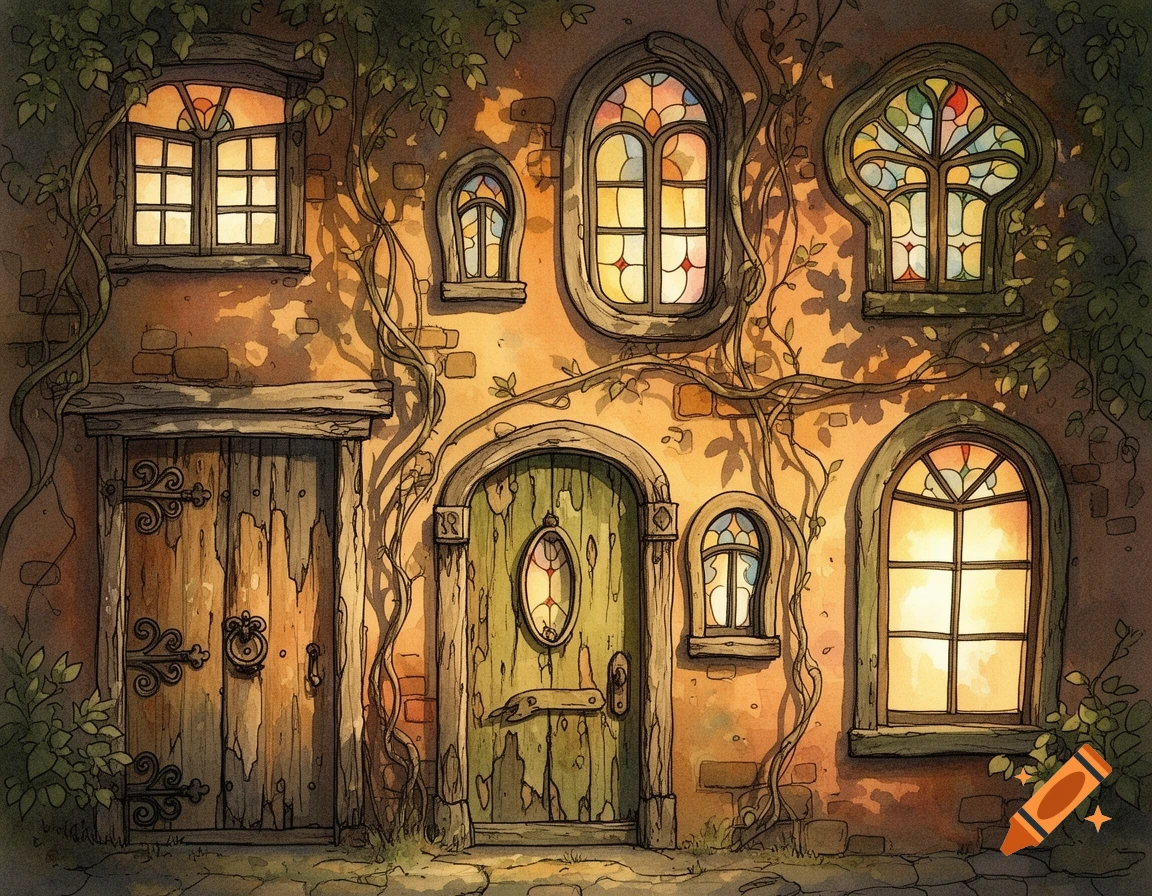 Watercolor and ink illustration of a rustic building with wooden doors, stained glass windows, and climbing vines.