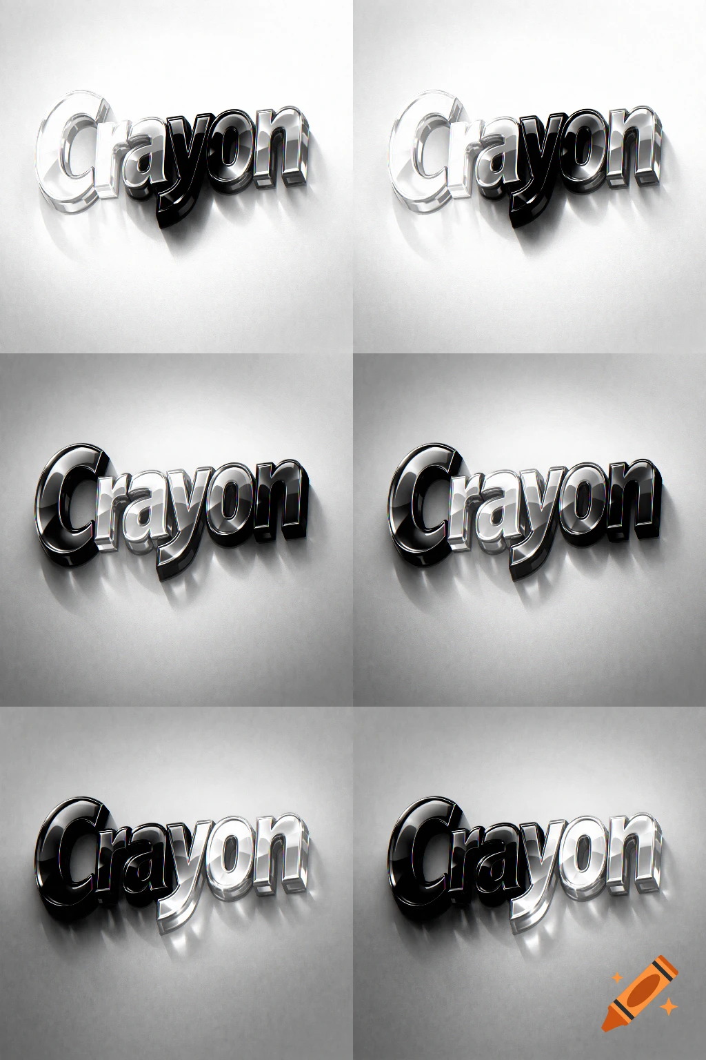 Six different 3D renders of the word 'Crayon' in metallic and glass styles on a white background.