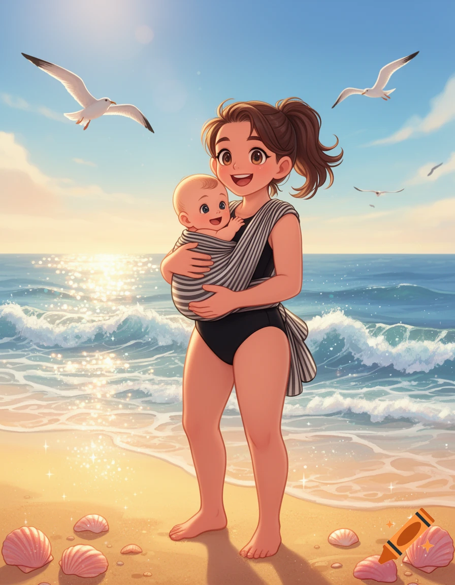 A cartoon woman in a black swimsuit carries a baby in a striped sling on a sunny beach with seagulls flying and seashells on the sand.