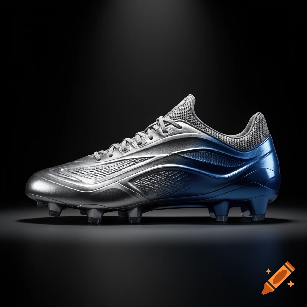 A single modern football shoe, silver with a blue gradient on the heel, against a dark background.