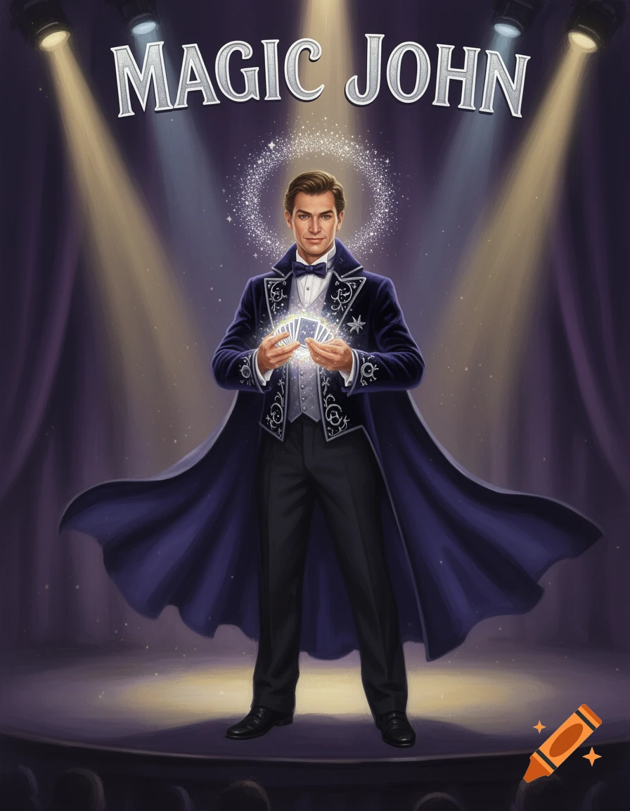 Illustrated poster of a magician, Magic John, on a stage under spotlights, holding sparkling playing cards.