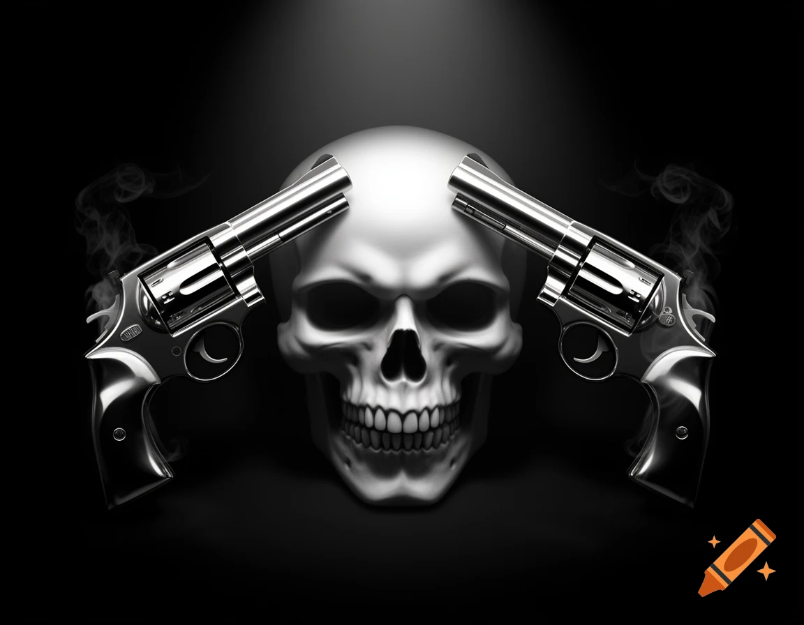 Grayscale image of a stylized skull with two chrome revolvers pointing at its temples, emitting smoke, against a dark background.