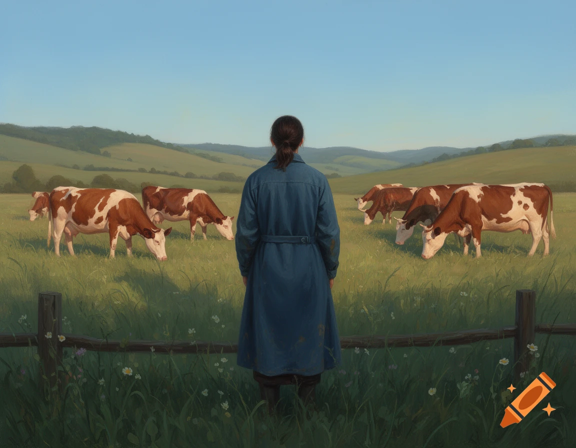 A person in a blue coat stands with their back to the viewer, looking at brown and white cows grazing in a green pasture.