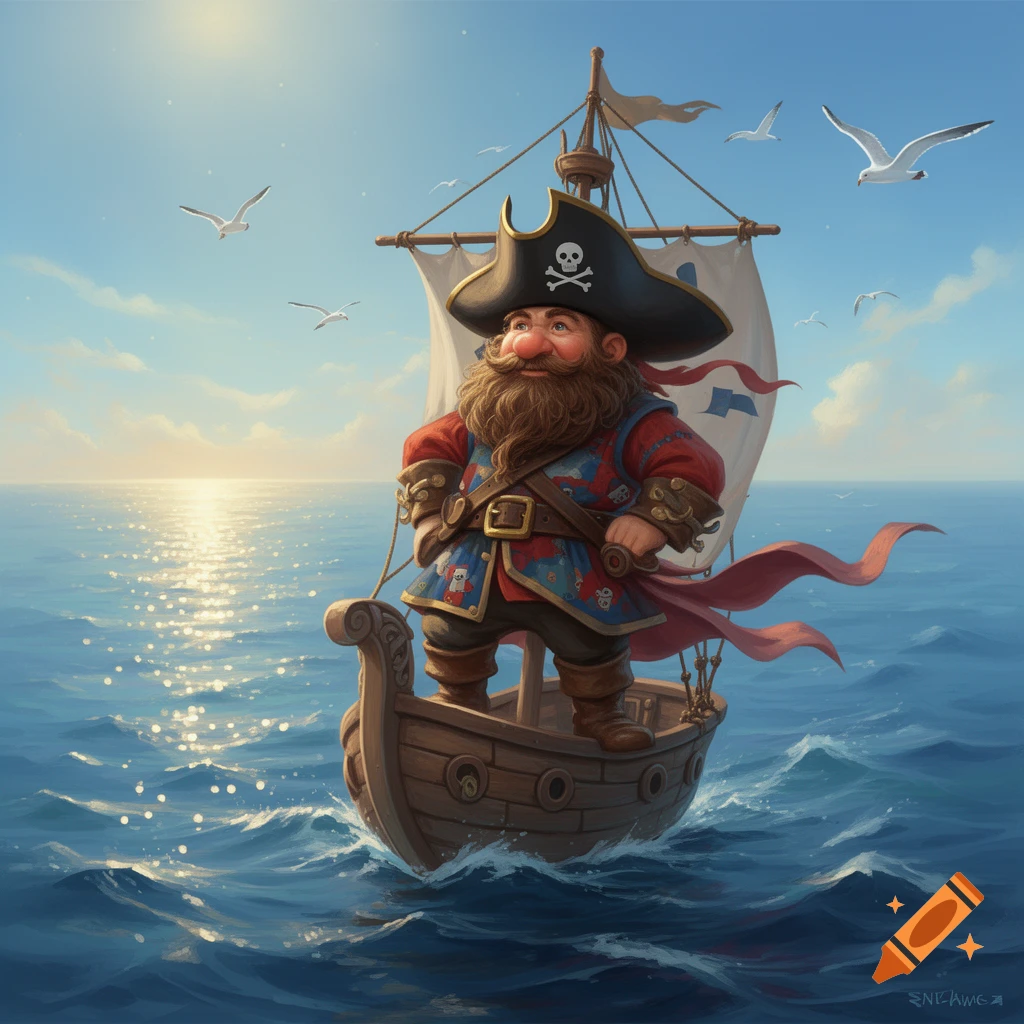 A cartoon dwarf pirate with a long beard and tricorn hat stands on a ...