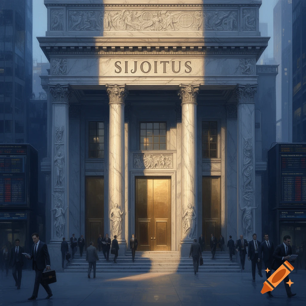 A grand marble building with columns and 'SIJOITUS' carved above, bustling with businesspeople on a sunlit street.