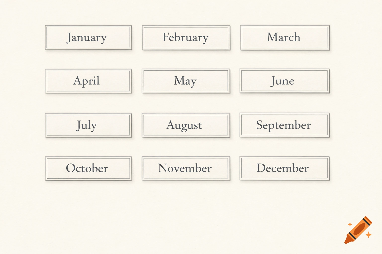 A grid of twelve rectangular boxes, each containing the name of a month from January to December.