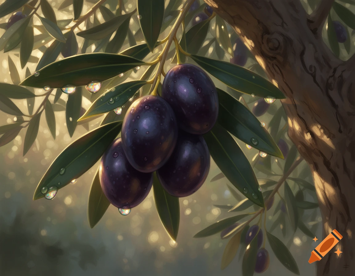 A close-up of dark purple olives and green leaves with shimmering water droplets on a branch, bathed in soft sunlight.