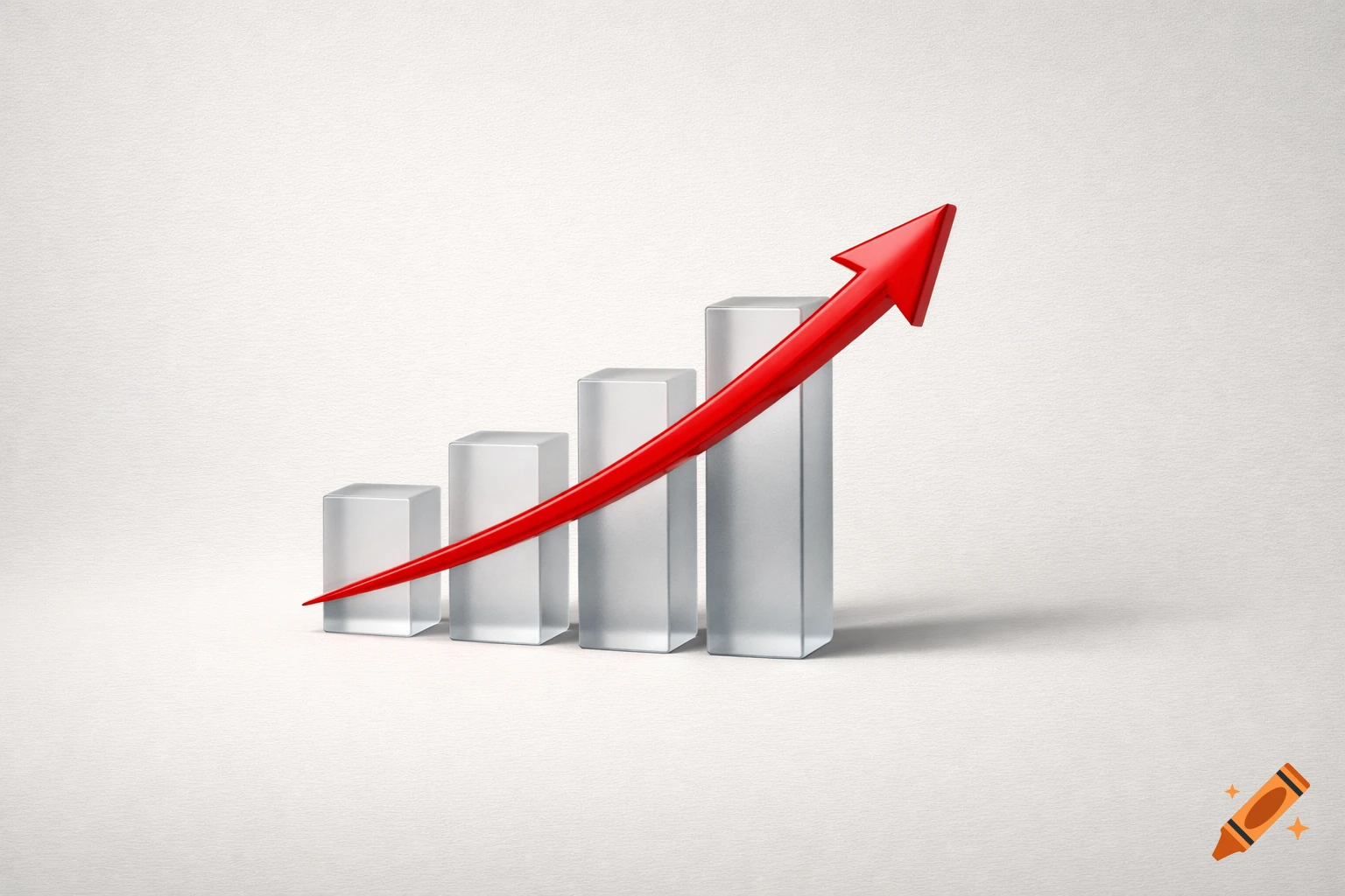 3D bar chart of frosted glass with a red arrow pointing up, symbolizing growth, on a textured off-white background.