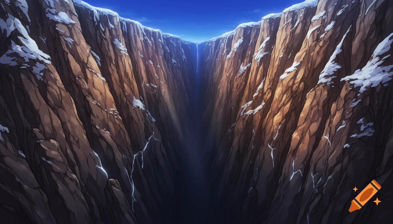 A deep, snow-capped anime-style canyon with a sliver of blue sky above and a dark abyss below.