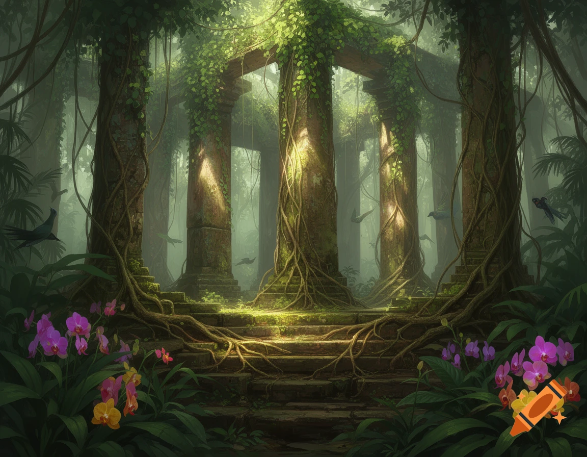 Lush jungle scene with ancient stone ruins covered in vines, illuminated by sunbeams, with colorful orchids in the foreground.