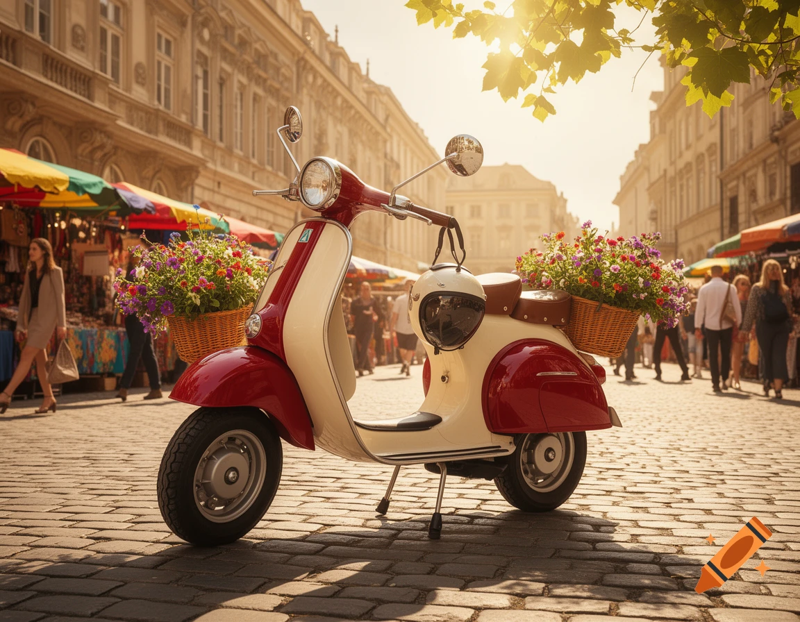 A red and cream vintage moped with flower baskets and a helmet parked on a cobblestone street in a sunny market.