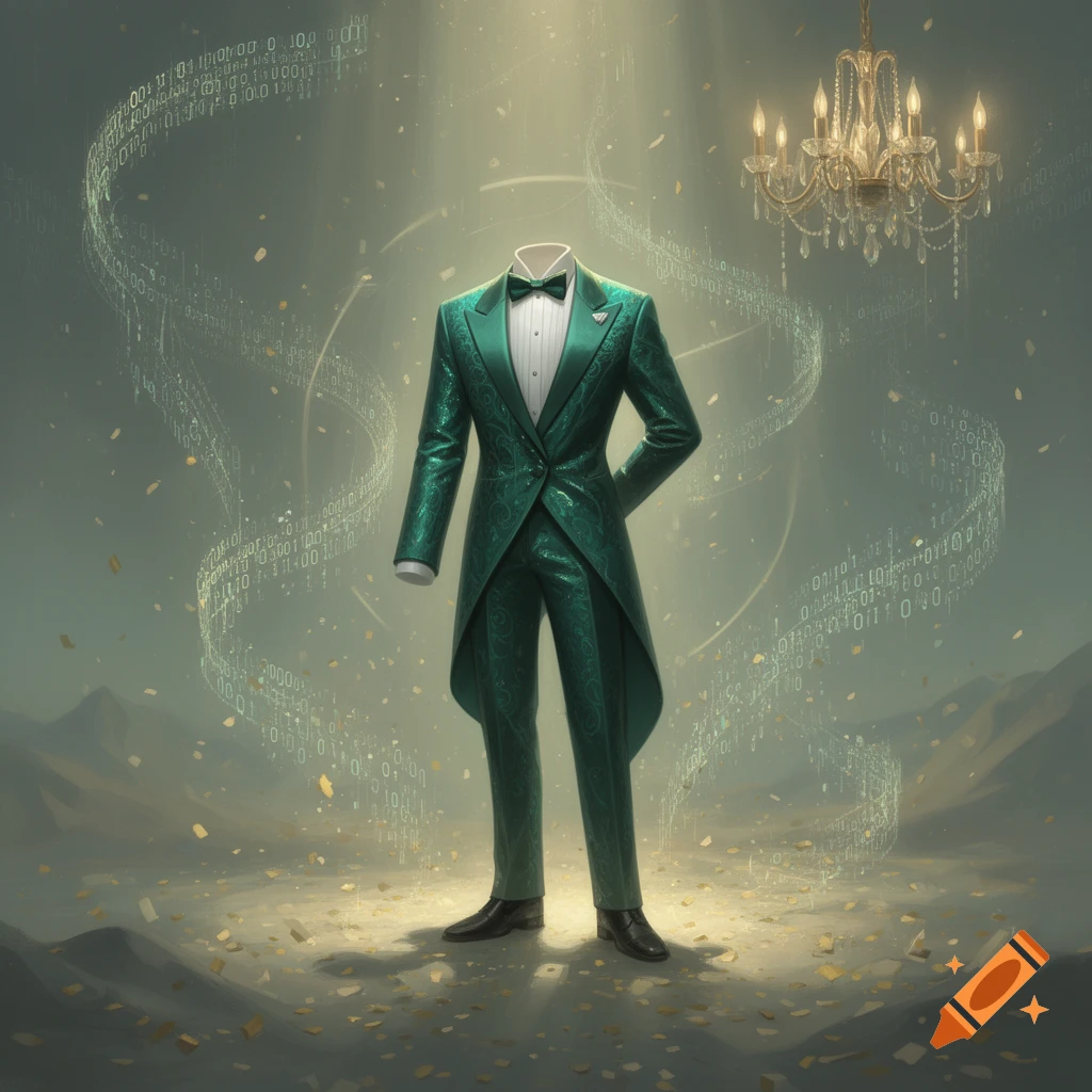 A shimmering emerald green tuxedo with a bow tie stands headless in a fantasy digital landscape with binary code, confetti, and a chandelier.