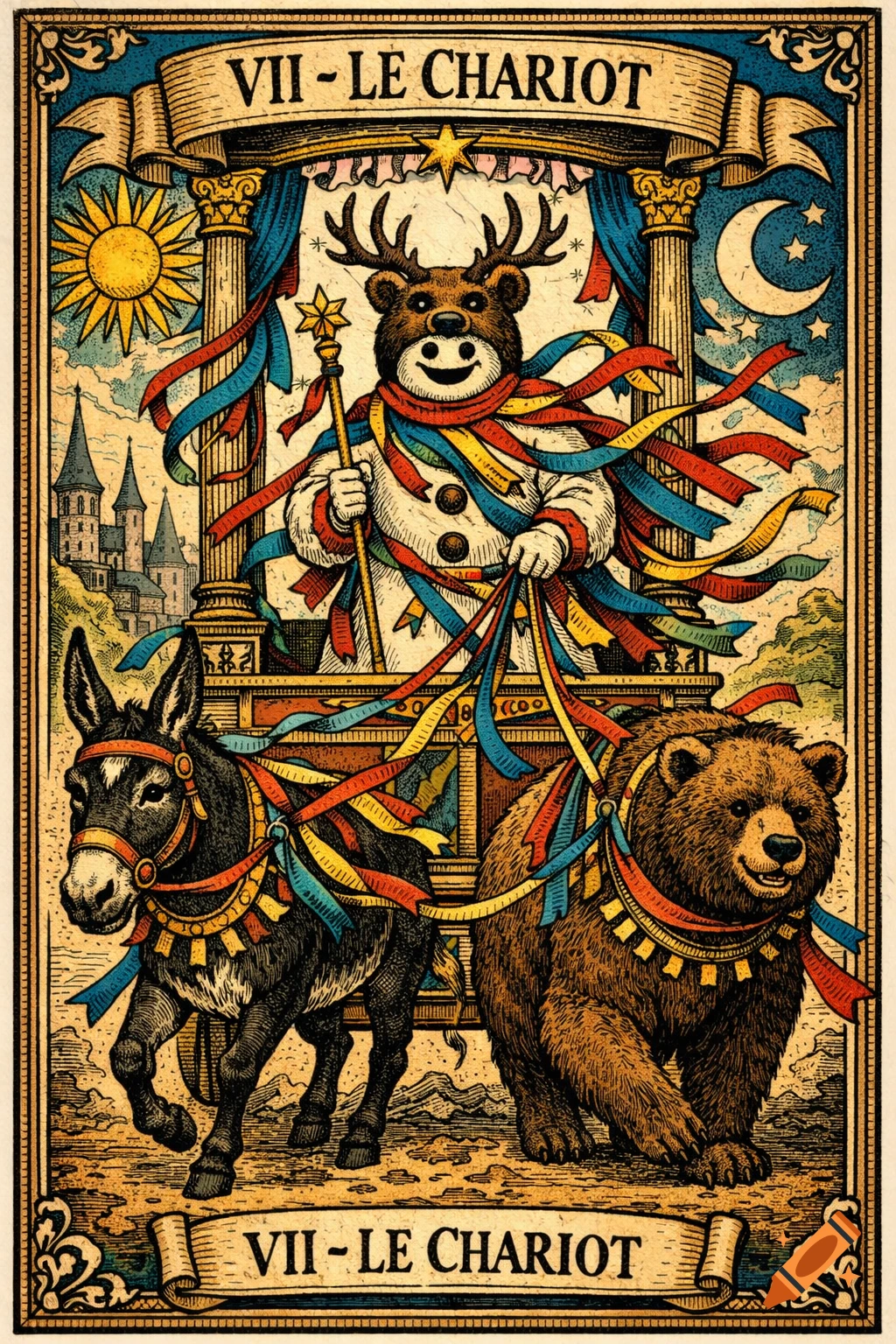 Vintage tarot card 'VII - Le Chariot' with an antlered, bear-masked figure in a chariot pulled by a bear and donkey, with ribbons.