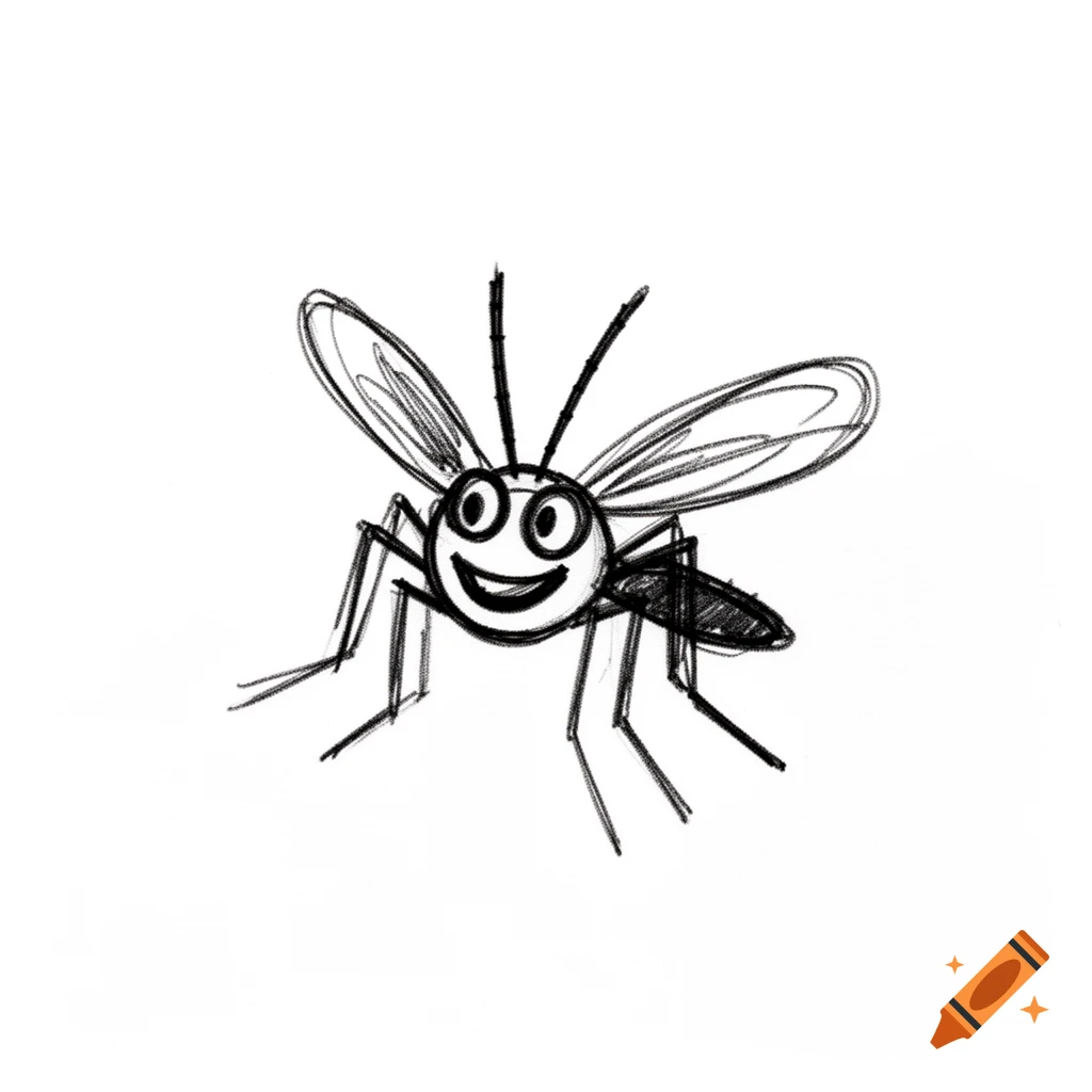 A black and white sketch of a smiling cartoon mosquito with large eyes and a simple smile.