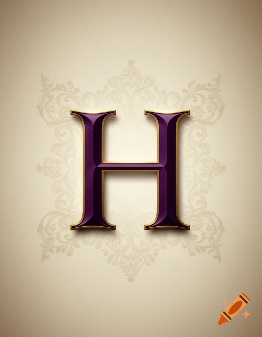 A stylized, regal purple letter H with gold trim, casting a shadow on a beige background with subtle floral patterns.