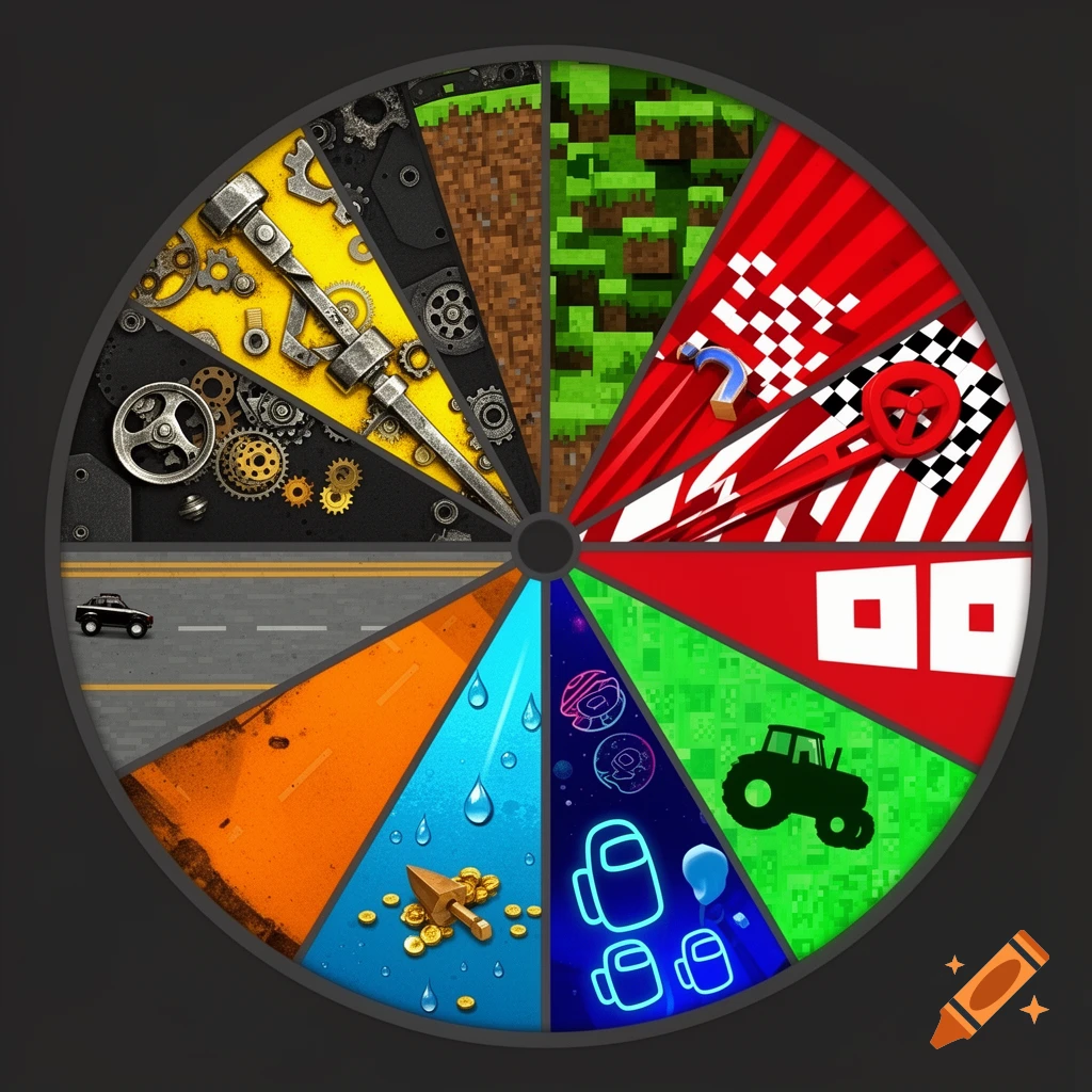 A circular wheel divided into abstract art slices, each representing a video game theme such as construction, pixel blocks, racing, roads, farming, and mining.