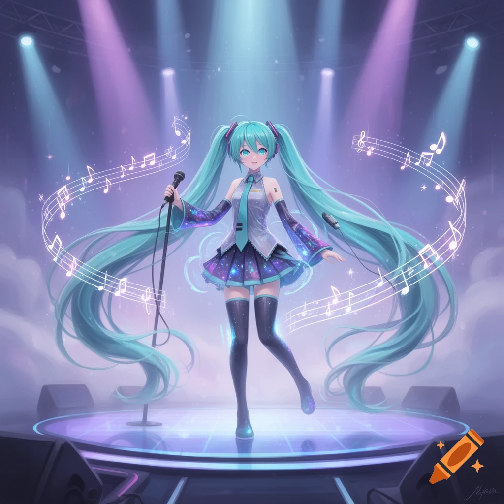 Hatsune Miku with long teal pigtails on a stage, holding a microphone, surrounded by musical notes under purple and blue spotlights.