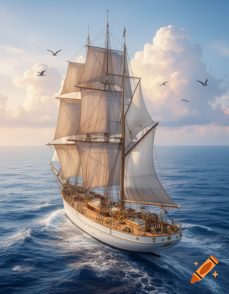 A photorealistic tall ship sails on the blue ocean under a partly cloudy sky with warm light.