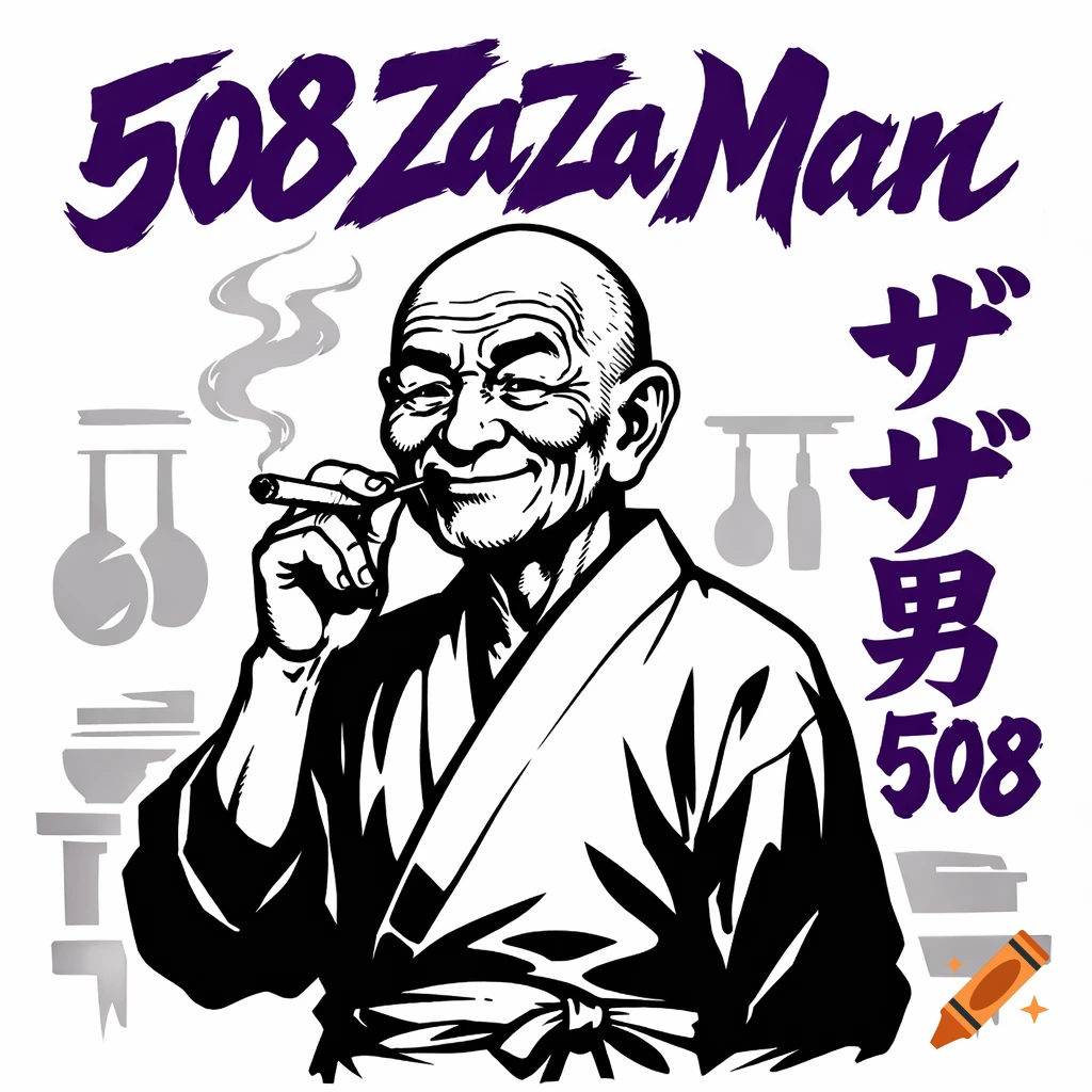 Black and white illustration of a smiling bald old Japanese man in a robe smoking, with '508 ZaZaMan' and Japanese text in purple.