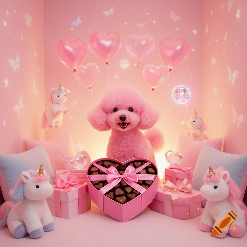 A cute pink poodle sits in a pink room decorated with heart balloons, unicorn plushies, gifts, and a heart-shaped box of chocolates.