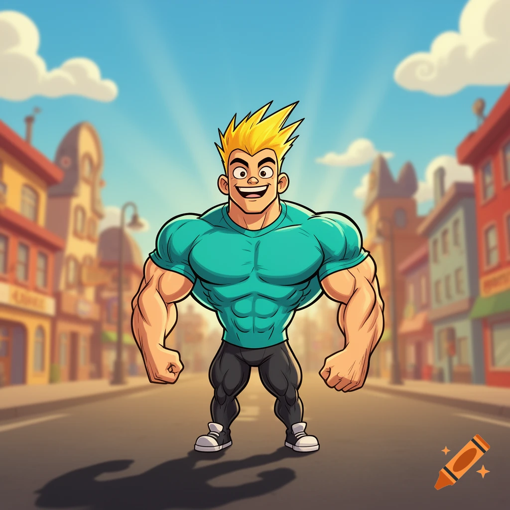 Cartoon man with spiky blond hair and very large muscles, wearing a teal t-shirt and black pants, standing on a street in a town.