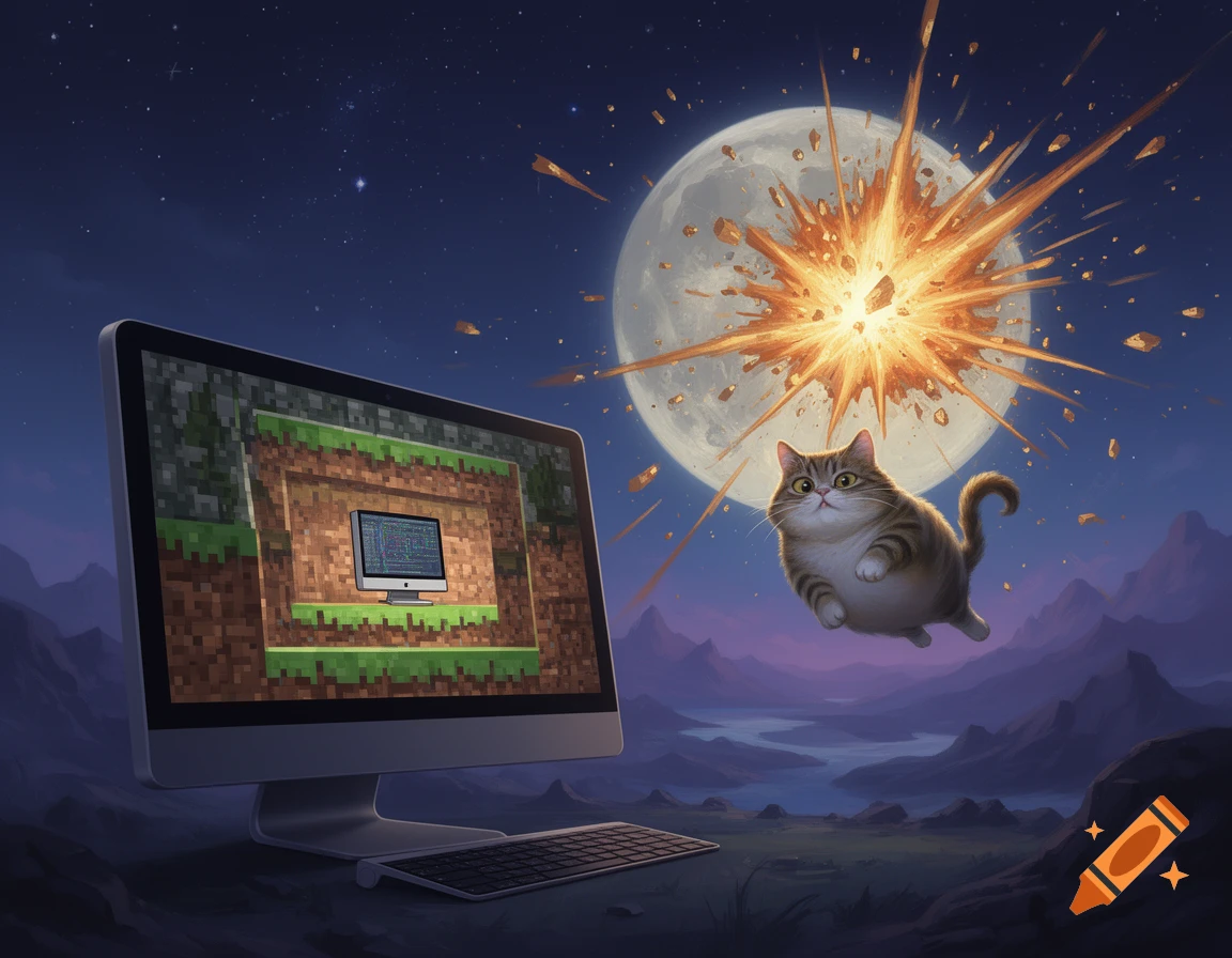 A computer displays a Minecraft world with another computer showing ...