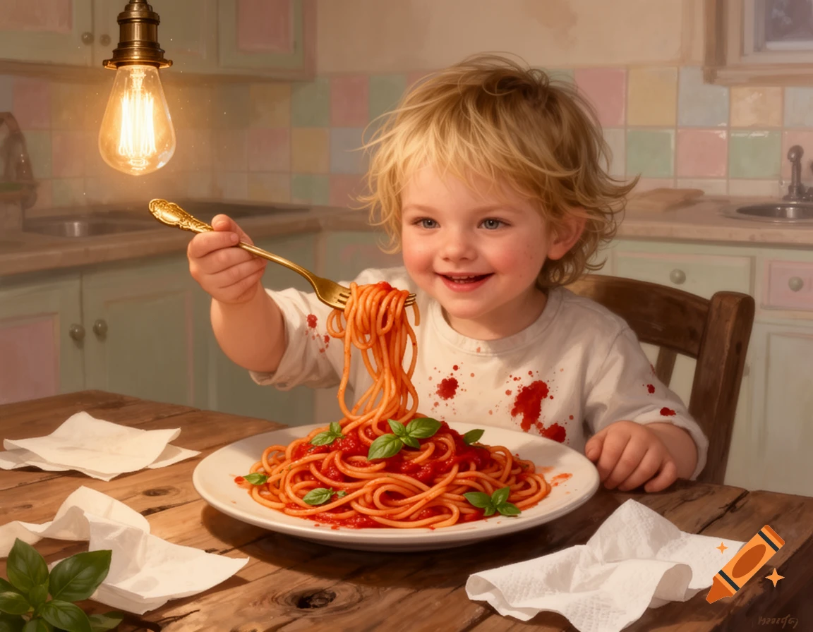 A happy blonde child in a messy white shirt eats spaghetti with a fork at a wooden table in a kitchen.
