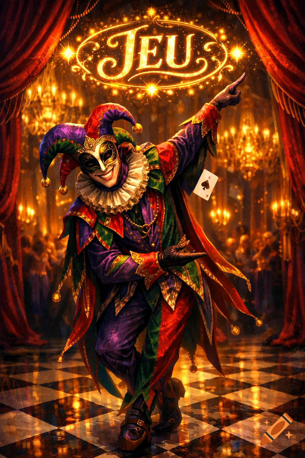 A dramatic jester in a vibrant, ornate costume and mask points under a glowing 'JEU' sign, with a playing card, in an opulent hall.