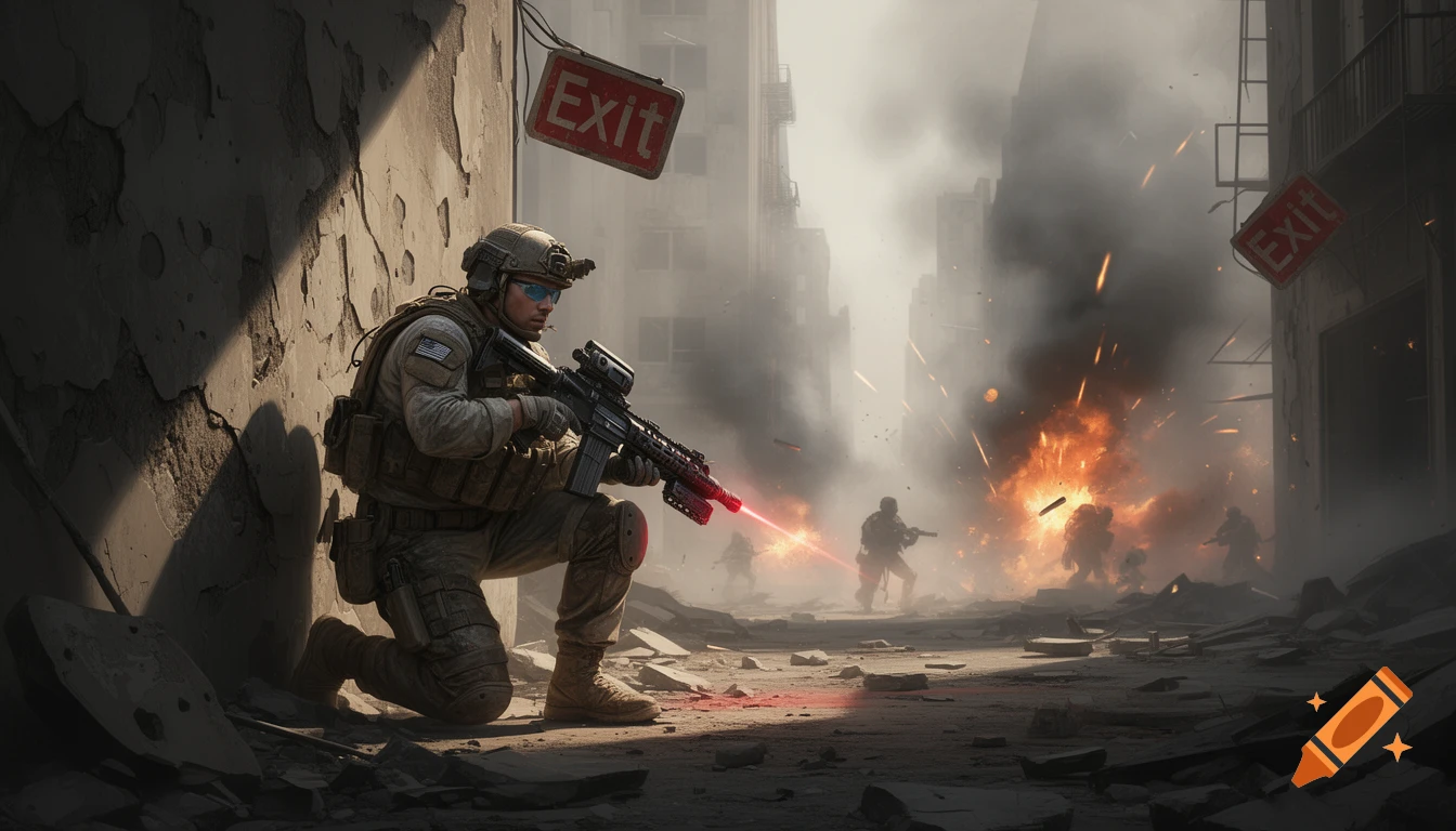 A soldier in combat gear kneels with a rifle, red laser sight on target, in a ruined city street with explosions and smoke.