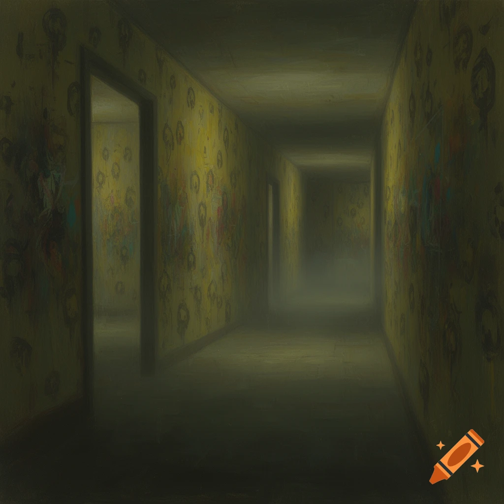 Abstract expressionist painting of a long, eerie, yellow-green corridor with distorted patterns on the walls, fading into mist.