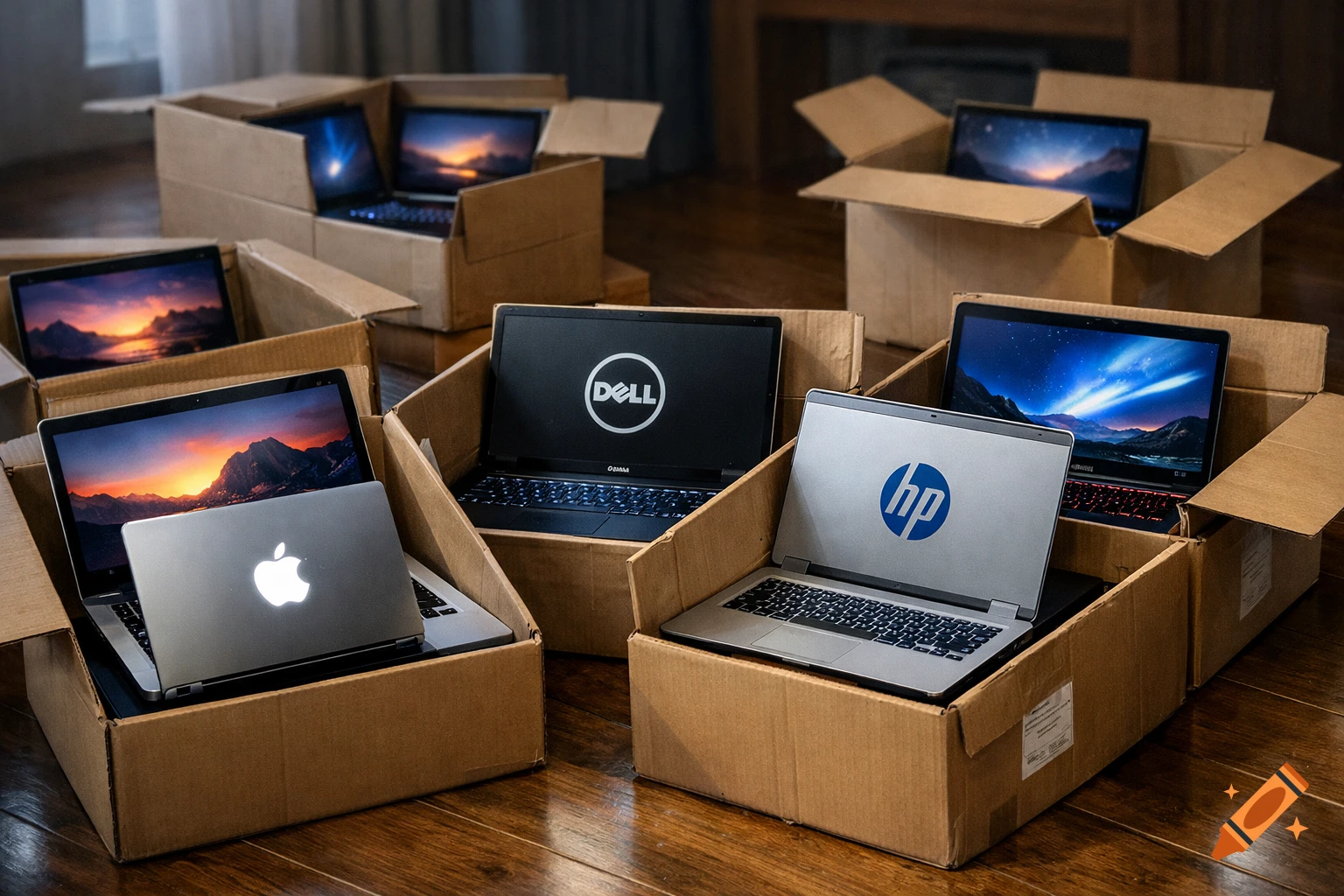 Laptops from various brands like Apple, Dell, and HP are placed inside cardboard moving boxes on a wooden floor.