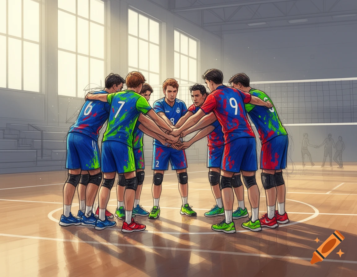 An illustrated volleyball team in blue and green jerseys with numbers, huddling together on a court, in a sketch art style.