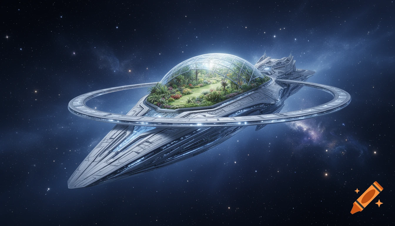 A majestic futuristic spaceship with a flat ring, carrying a lush garden under a glass dome, flying in dark space among stars.