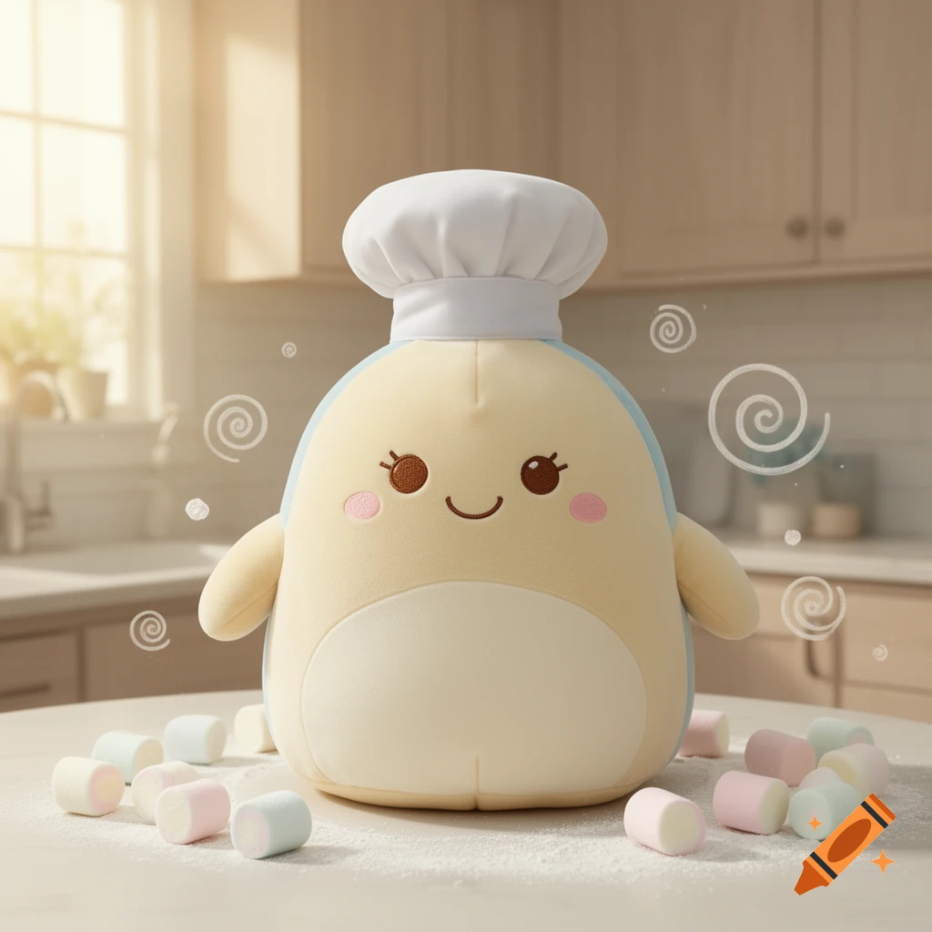 A cream-colored chef plush toy with a cute face stands on a white counter with marshmallows and powdered sugar in a sunlit kitchen.