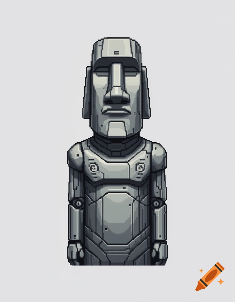 Pixel art depiction of a gray robot resembling a Moai statue on a solid light background.