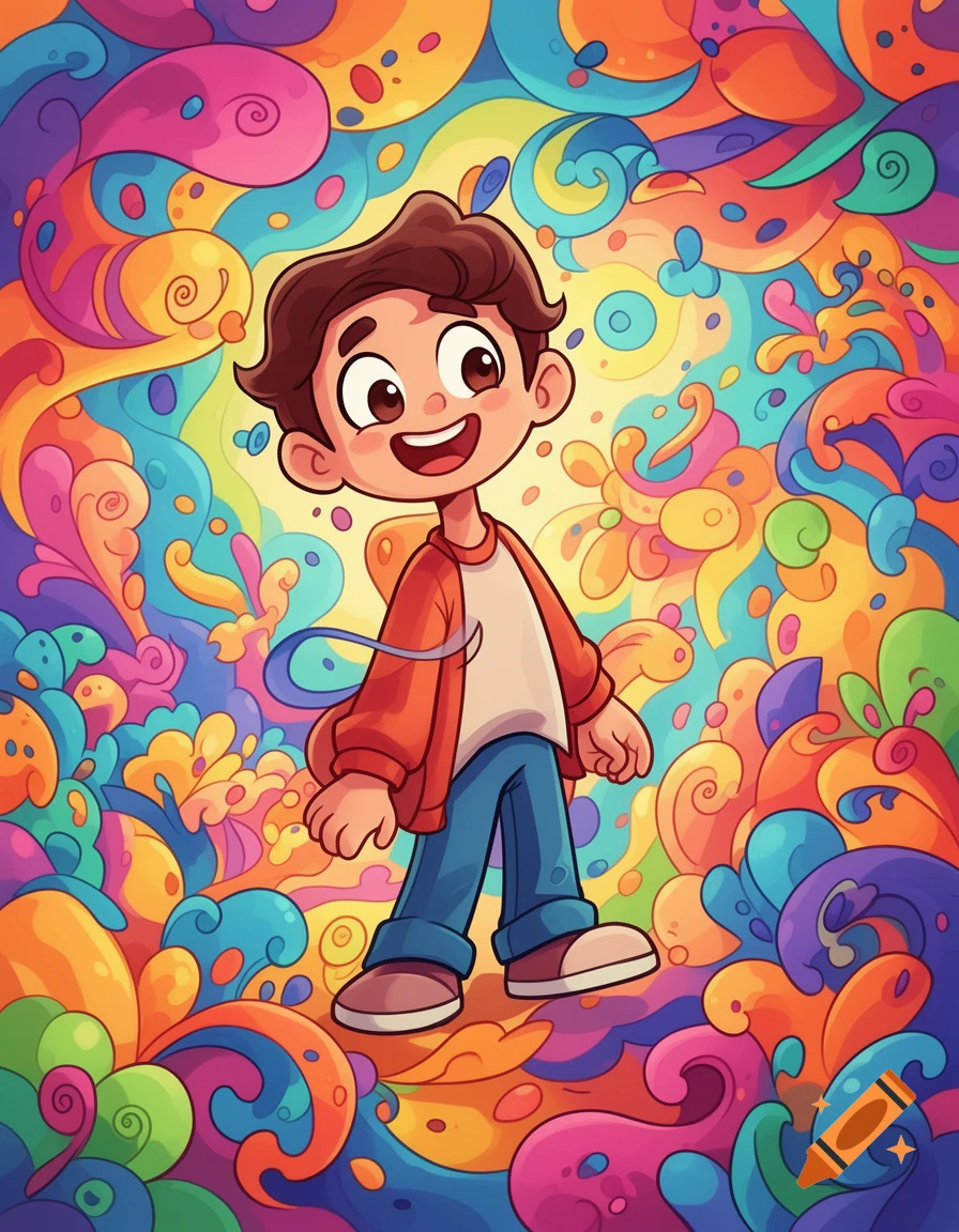 A smiling cartoon boy with brown hair in a red jacket and blue pants ...