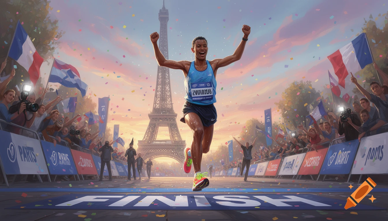 A jubilant male marathon runner crosses the finish line in Paris with the Eiffel Tower in the background, surrounded by cheering crowds and falling confetti.