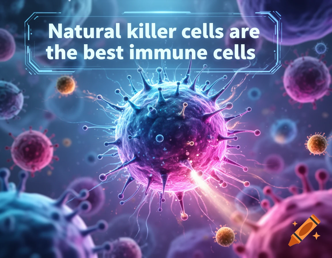 A vibrant, spiky blue and pink cell glowing among other microscopic cells, with text 'Natural killer cells are the best immune cells' in a futuristic frame.