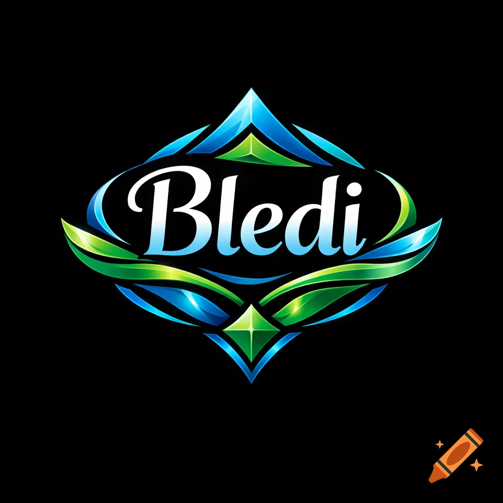 Stylized logo for 'Bledi' featuring blue and green abstract, flowing shapes and gem-like elements on a black background.