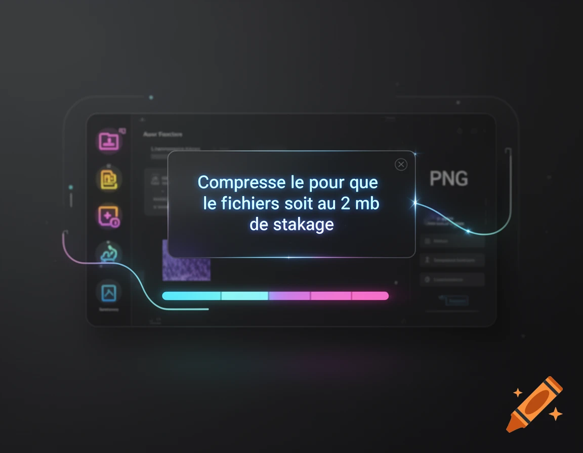 A dark, sleek user interface with a prominent pop-up dialog displaying text about file compression to 2MB in PNG format.
