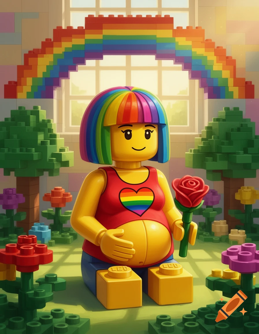 A pregnant Lego minifigure with rainbow hair and a rainbow heart on her shirt holds a red rose in a colorful Lego garden with a rainbow arch.