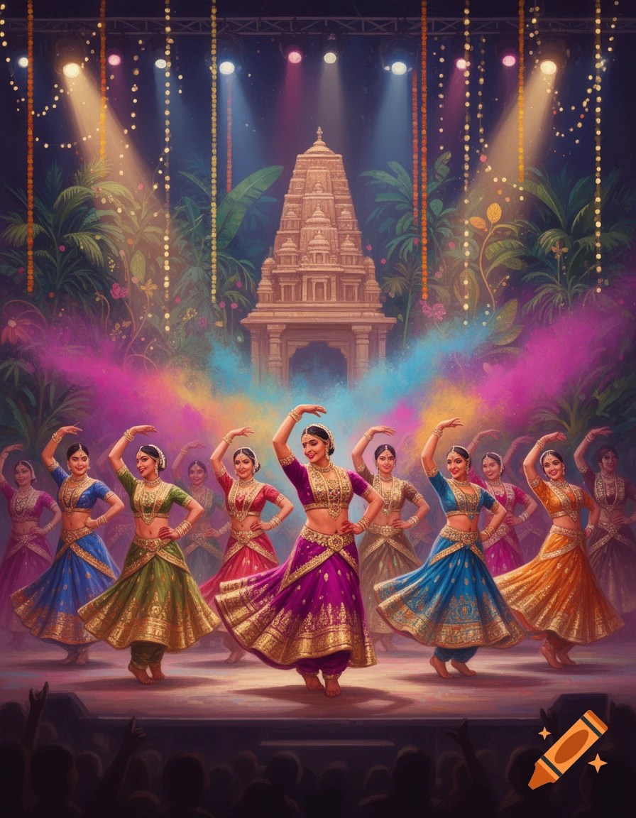 Vibrant illustration of women in traditional Indian attire performing a Bollywood dance on stage with a temple backdrop and colorful powder.